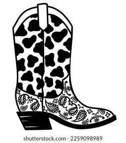 Cowboy boot with cow decoration vector illustration. Vector American cowboy boot with bandanna decor black white graphic design isolated on white for print.