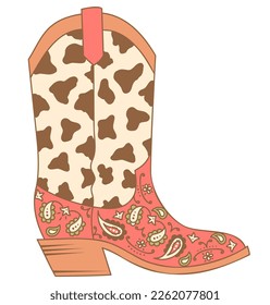 Bota de vaca con decoración de vaca, ilustración de colores vectoriales. Bota vectorial americana de vaquero con diseño de decoración de bandana roja aislada en blanco para impresión.