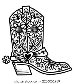 Cowboy boot floral decoration. Vector hand drawn illustration of Cowboy boot with sunflowers decor printable outline style design. Cowgirl boots.