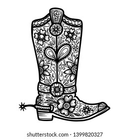 Cowboy boot with floral pattern.  Design element for poster, t shirt, emblem, sign. 