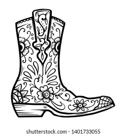 Cowboy boot with floral pattern.  Design element for poster, t shirt, emblem, sign. 