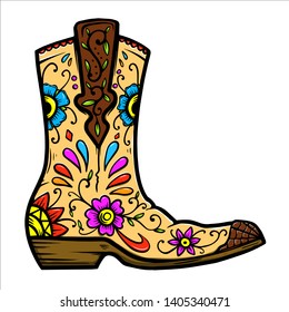 Cowboy boot with floral pattern.  Design element for poster, t shirt, emblem, sign. 