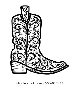 Cowboy boot with floral pattern.  Design element for poster, t shirt, emblem, sign. 