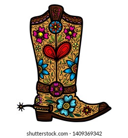 Cowboy boot with floral pattern.  Design element for poster, t shirt, emblem, sign. 