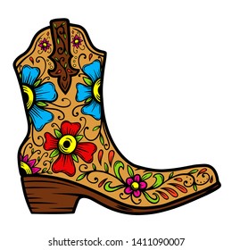 Cowboy boot with floral pattern.  Design element for poster, t shirt, emblem, sign. 