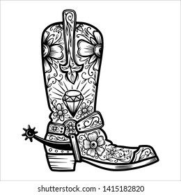 Cowboy boot with floral pattern.  Design element for poster, t shirt, emblem, sign. 