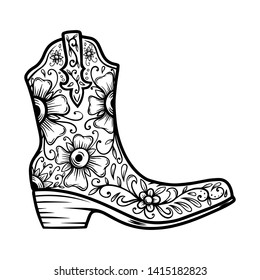 Cowboy boot with floral pattern.  Design element for poster, t shirt, emblem, sign. 