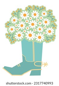 Cowboy boot floral. Vector cowboy boot and fresh chamomile bouquete isolated on white background. Country decoration for design