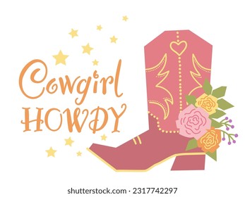 Cowboy boot with flowers card decoration. Vector cowgirl boot and roses boquete. Country decoration isolated on white for design. Cowgirl style card with howdy text.