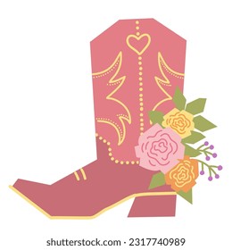 Cowboy boot with flowers decoration. Vector cowboy boot and roses flowers. Country decoration isolated on white for design. Cowgirl style illustration