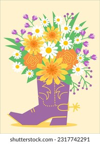 Cowboy boot with flowers decoration. Vector cowboy boot and wild field flowers. Country decoration for design