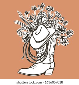 Cowboy boot with Flowers and cowboy hat and lasso decor. Sketch hand drawn vector close-up illustration for design.