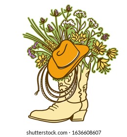 Cowboy boot with Flowers and cowboy hat and lasso decor. Sketch hand drawn vector close-up color illustration for design.