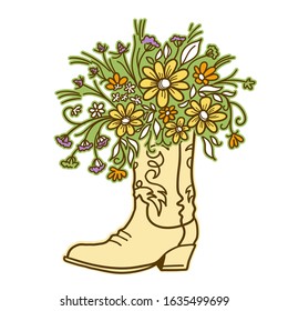 Cowboy boot with Flowers isolated on a white background. Sketch hand drawn vector close-up color illustration for design. Cutting file