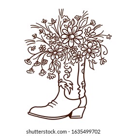 Cowboy boot with Flowers isolated on a white background. Sketch hand drawn vector close-up illustration for design