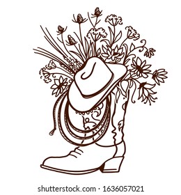 Cowboy boot with Flowers isolated on a white background. Sketch hand drawn vector close-up illustration for design. Cowboy hat and lasso decoration