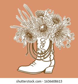 Cowboy boot with Flowers and cowboy and lasso decor. Sketch hand drawn vector close-up illustration for design.
