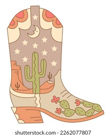 Cowboy boot green cactus and sky stars decoration with moon. Vector illustration of Cowboy boot with cactus and night moon decor isolated on white.
Cowgirl wild west boots for print or design.