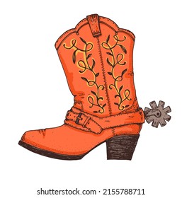 Cowboy boot. Hand drawn vector illustration. Wild west design element.