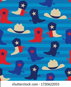 Cowboy Boot and Hat Americana Seamless Repeat Tile - Vector Stipe - Red, White and Blue