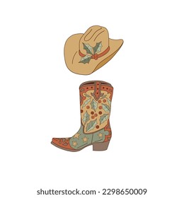 Cowboy boot and hat with Christmas decor illustration isolated on white. Western Christmassy outfits clip art . Howdy Xmas festive accessories design element. 