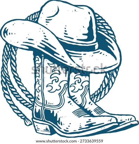 Cowboy Boot and Hat with Lasso Western Vintage Vector Illustration