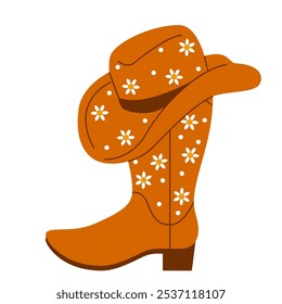 Bota de vaquero y sombrero. Diseño de rodeo. Música de Country y el Salvaje Oeste. Bota de vaquero y sombrero occidental. Símbolos de vaquera, signo