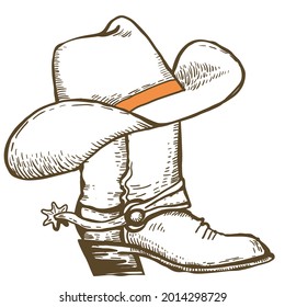 Bota de vaquero y sombrero de vaquero. Ilustración gráfica de Vintage Wild West. El rancho de campo vectorial occidental aislado en blanco.