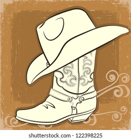 Cowboy boot and hat.Vector vintage background
