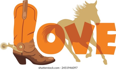 Cowboy boot and horse silhouette. Vector