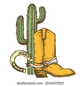 Cowboy boot, horseshoe and cactuses. Vintage Westerrn symbol hand drawn color illustration isolated on white for design.