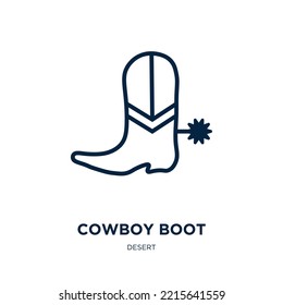 Cowboy Boot Symbol aus der Wüstensammlung. Dünner linearer Cowboystiefel, Westen, Cowboy-Umriss-Symbol einzeln auf weißem Hintergrund. Line Vektorcowboy-Bootzeichen, Symbol für Web und Mobile