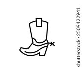 Cowboy boot icon. Simple outline of a cowboy boot with a spur, representing classic western footwear. Ideal for use in country-themed designs, ranch logos, and fashion projects. Vector illustration