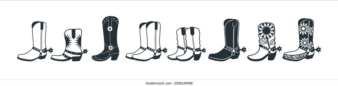 Cowboy boot Illustration. Cowgirl boot heels vector silhouette illustration set. Vector stock design for sticker printing