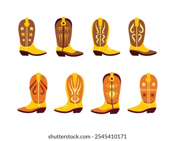 Cowboy boot illustration set. Classic leather cowboy boots. Wild West. Set of simple cowboy shoes, flat vector illustration isolated on white background. Texas rodeo, western theme. 