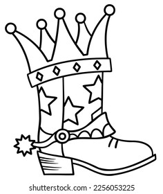Cowboy boot with King crown. Cowgirl crown boot stars decoration vector printable illustration isolated on white background for design. Cowboy birthday party.