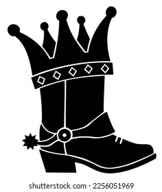 Cowboy boot with King crown silhouette. Cowgirl boot with princess crown vector black printable illustration isolated on white background for design. 
Cowboy birthday party for celebrating card.