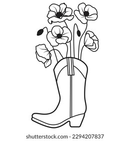 Cowboy boot with poppy flowers vector icon design. Flat icon.