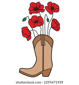 Cowboy boot with poppy flowers vector icon design. Flat icon.