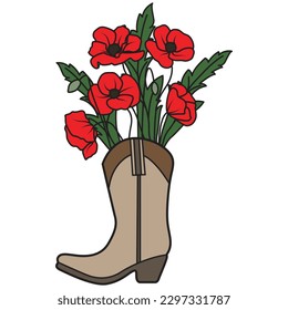 Cowboy boot with poppy flowers vector icon design. Flat icon.