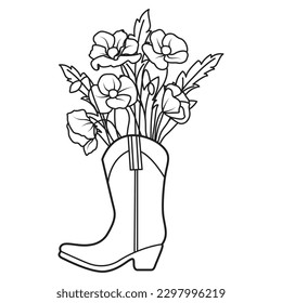 Cowboy boot with poppy flowers vector icon design. Flat icon.