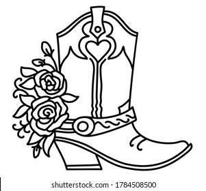 Cowboy boot and Roses decoration. Outline vector illustration isolated on white for cards or print
