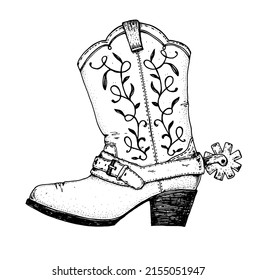 Cowboy boot sketch. Hand drawn vector illustration. Wild west design element.