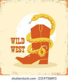 Cowboy boot and snake on old paper background. Vector cartoon wild west illustration with snake , cowboy boots and text