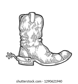 Cowboy boot with spur engraving vector illustration. Scratch board style imitation. Black and white hand drawn image.