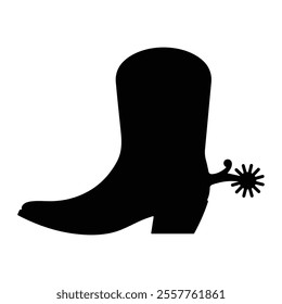 Cowboy boot with spur vector icon. Western footwear, rodeo gear, and equestrian equipment symbol. Black silhouette isolated on white background.