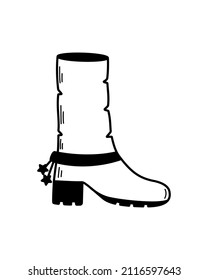 Cowboy boot with spurs, vector doodle illustration. Western concept icon isolated on a white background.