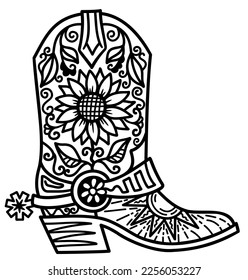 Cowboy boot sunfloral decoration. Vector hand drawn illustration of Cowboy boot with sunflowers decor printable black outline style design. Cowgirl boots.