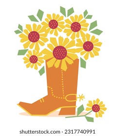 Cowboy boot with sunflowers abstract decoration. Vector cowboy boot and flowers. Country decoration isolated on white for design. Cowgirl style illustration.