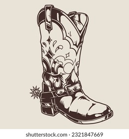 Cowboy boot vintage sticker monochrome with classic north American rider shoes with heel and barbed to control horse vector illustration